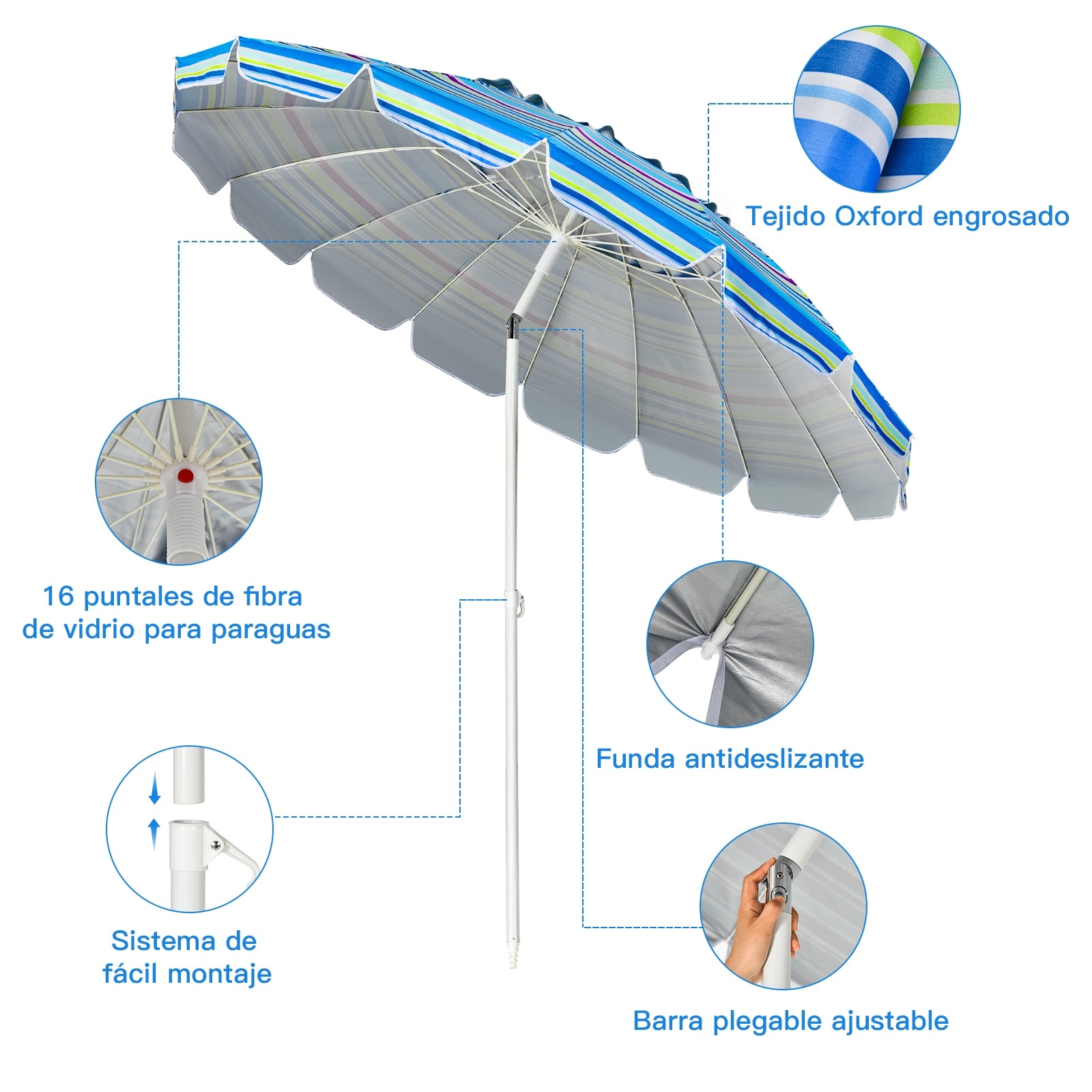 Sombrilla de Playa Parasol Regulable con Protección Solar UPF50+ Inclinable Portátil de Exterior Jardín Raya Azul Claro 2,2 x 2,45 m