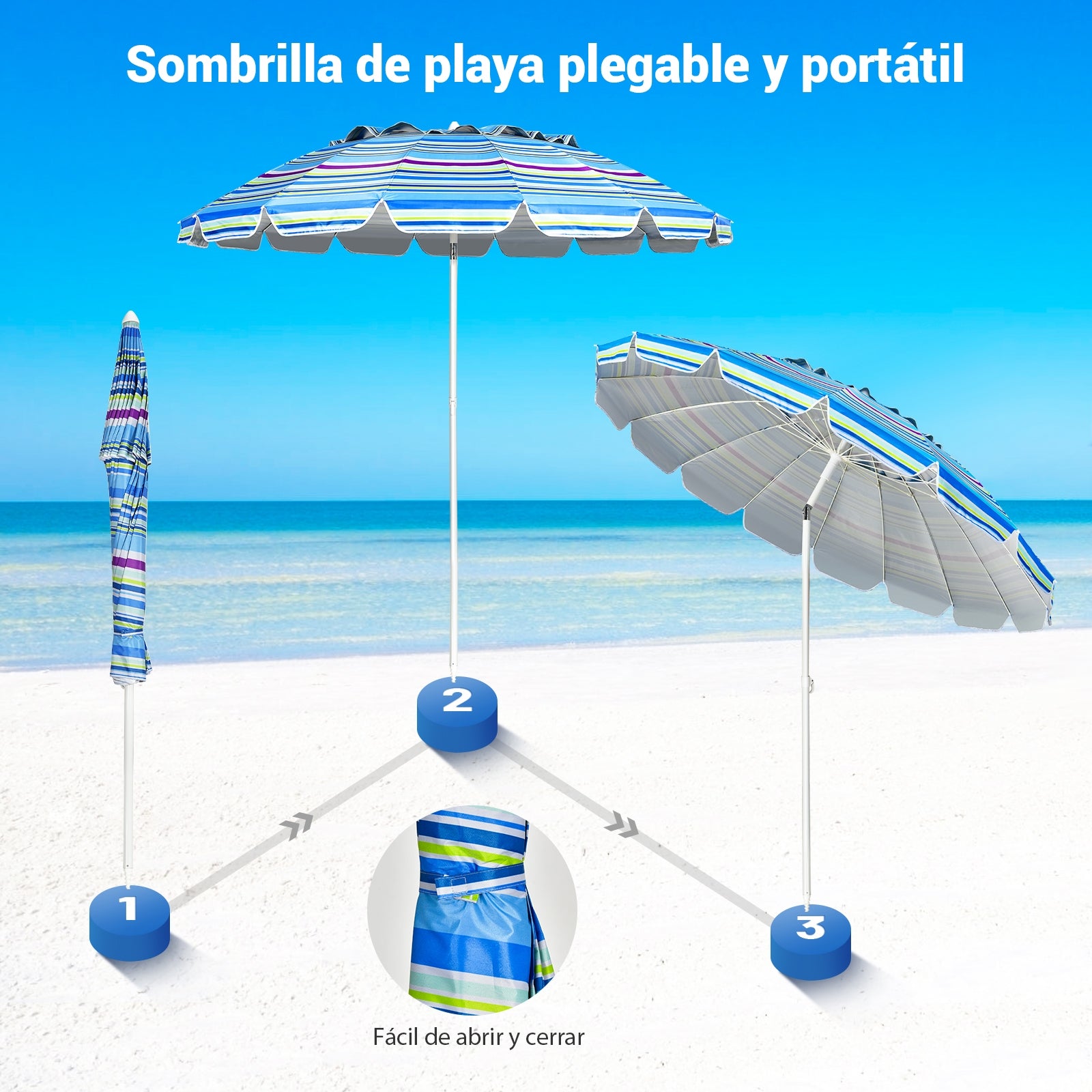 Sombrilla de Playa Parasol Regulable con Protección Solar UPF50+ Inclinable Portátil de Exterior Jardín Raya Azul Claro 2,2 x 2,45 m