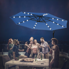 Sombrilla LED de Patio en Poliéster con Luces Niveladores y Barra Cruzada Ángulo Ajustable para Jardín Piscina Azul 3 m