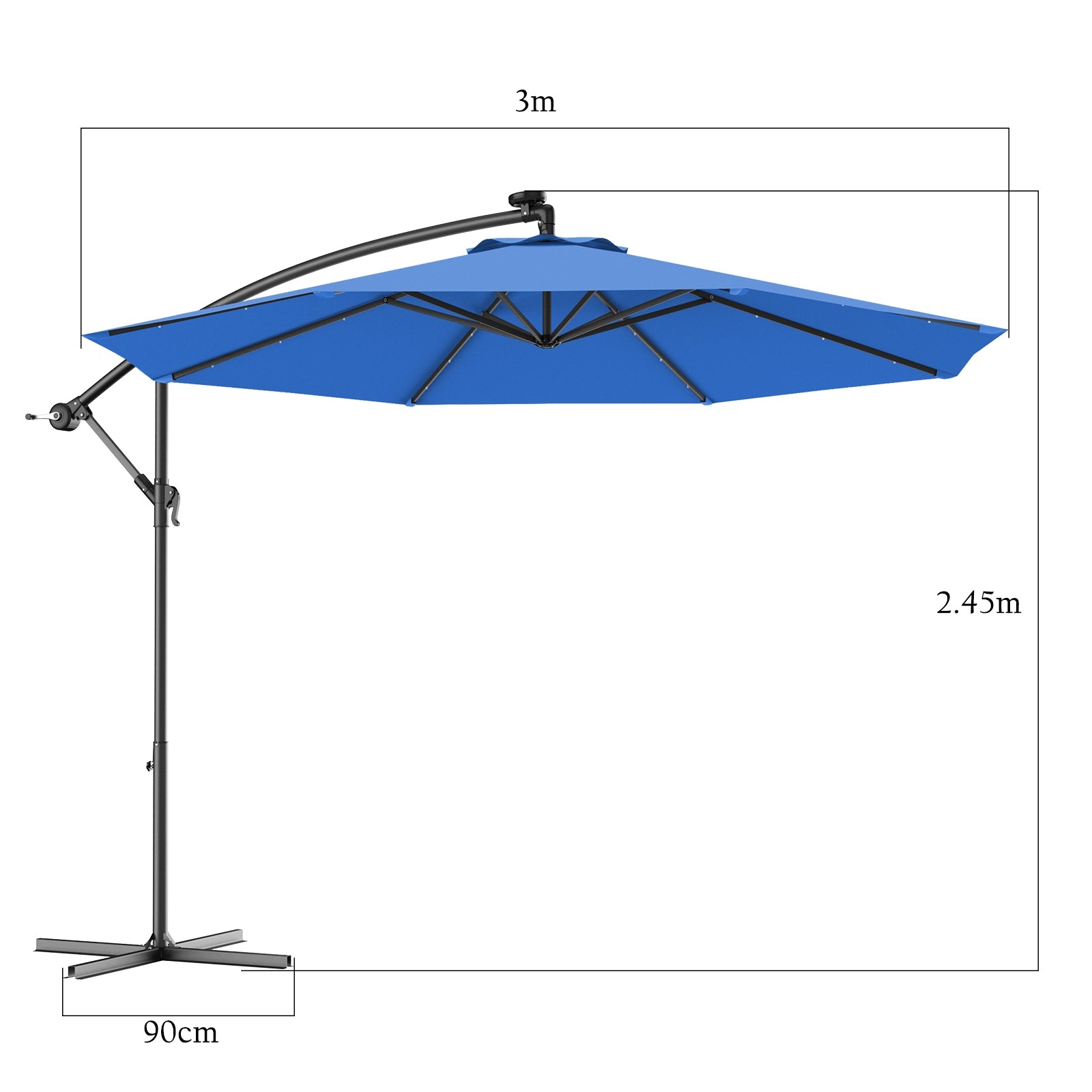 Sombrilla LED de Patio en Poliéster con Luces Niveladores y Barra Cruzada Ángulo Ajustable para Jardín Piscina Azul 3 m