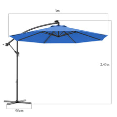 Sombrilla LED de Patio en Poliéster con Luces Niveladores y Barra Cruzada Ángulo Ajustable para Jardín Piscina Azul 3 m