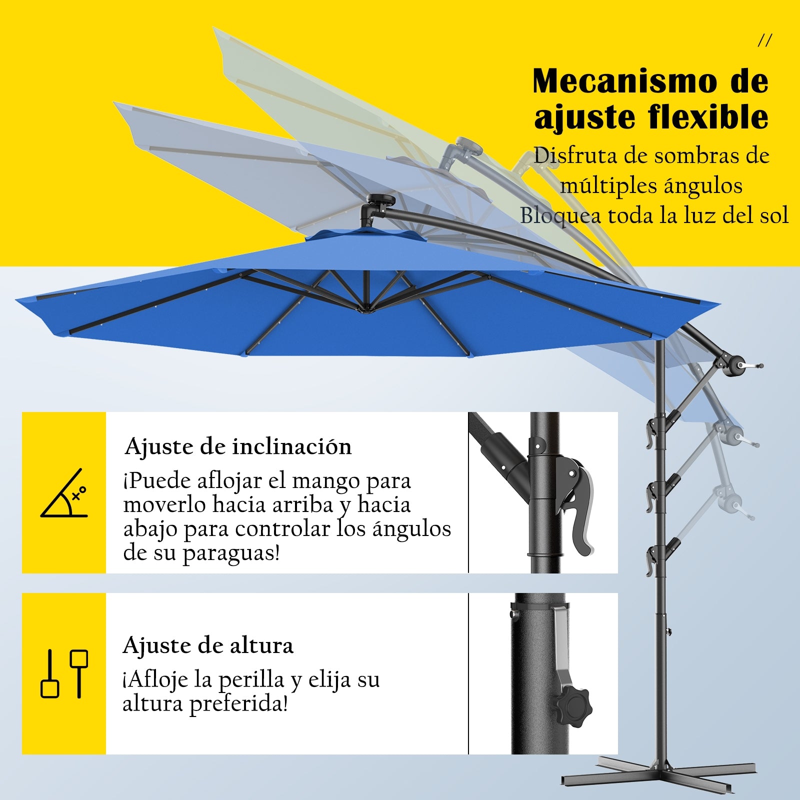Sombrilla LED de Patio en Poliéster con Luces Niveladores y Barra Cruzada Ángulo Ajustable para Jardín Piscina Azul 3 m