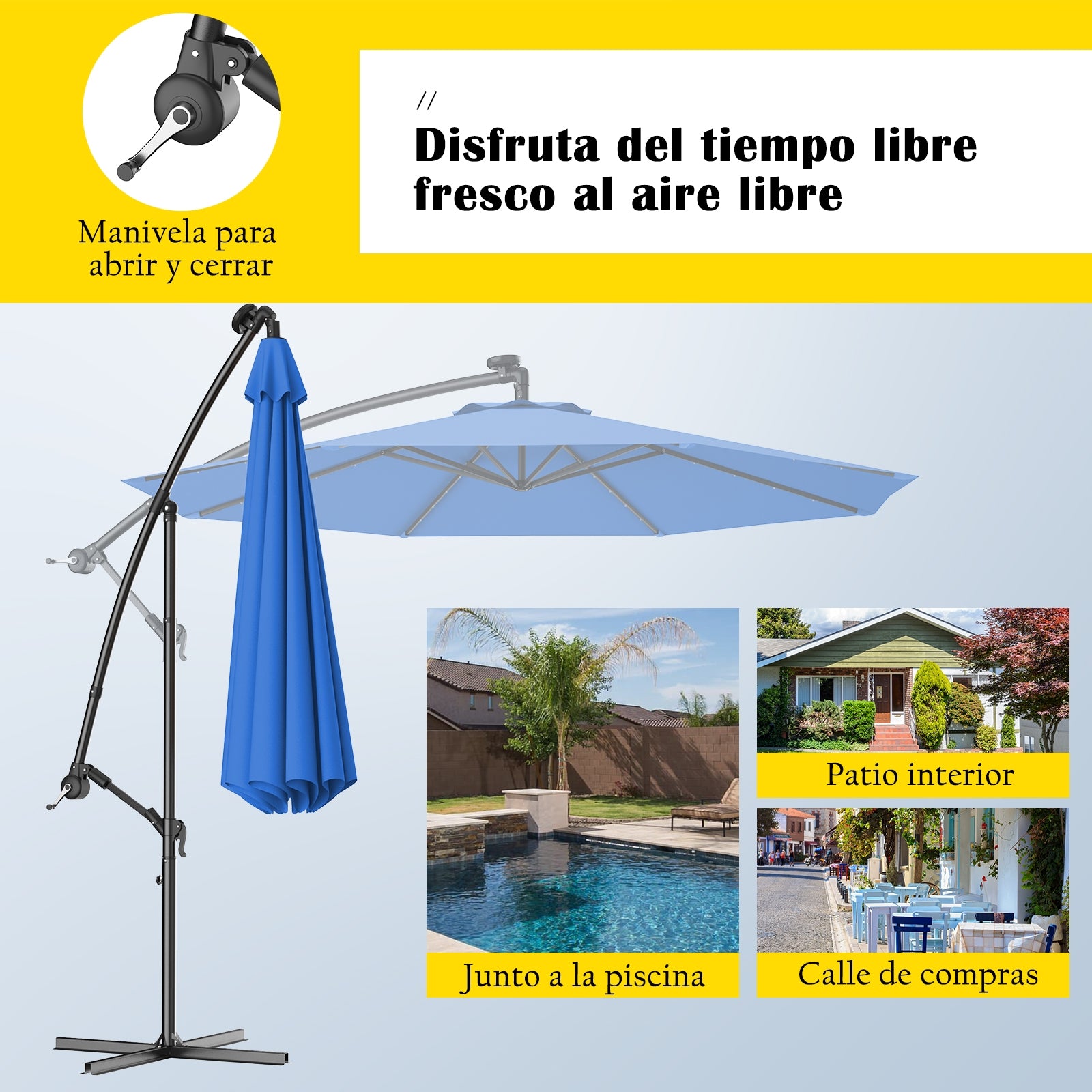 Sombrilla LED de Patio en Poliéster con Luces Niveladores y Barra Cruzada Ángulo Ajustable para Jardín Piscina Azul 3 m