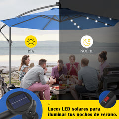 Sombrilla LED de Patio en Poliéster con Luces Niveladores y Barra Cruzada Ángulo Ajustable para Jardín Piscina Azul 3 m