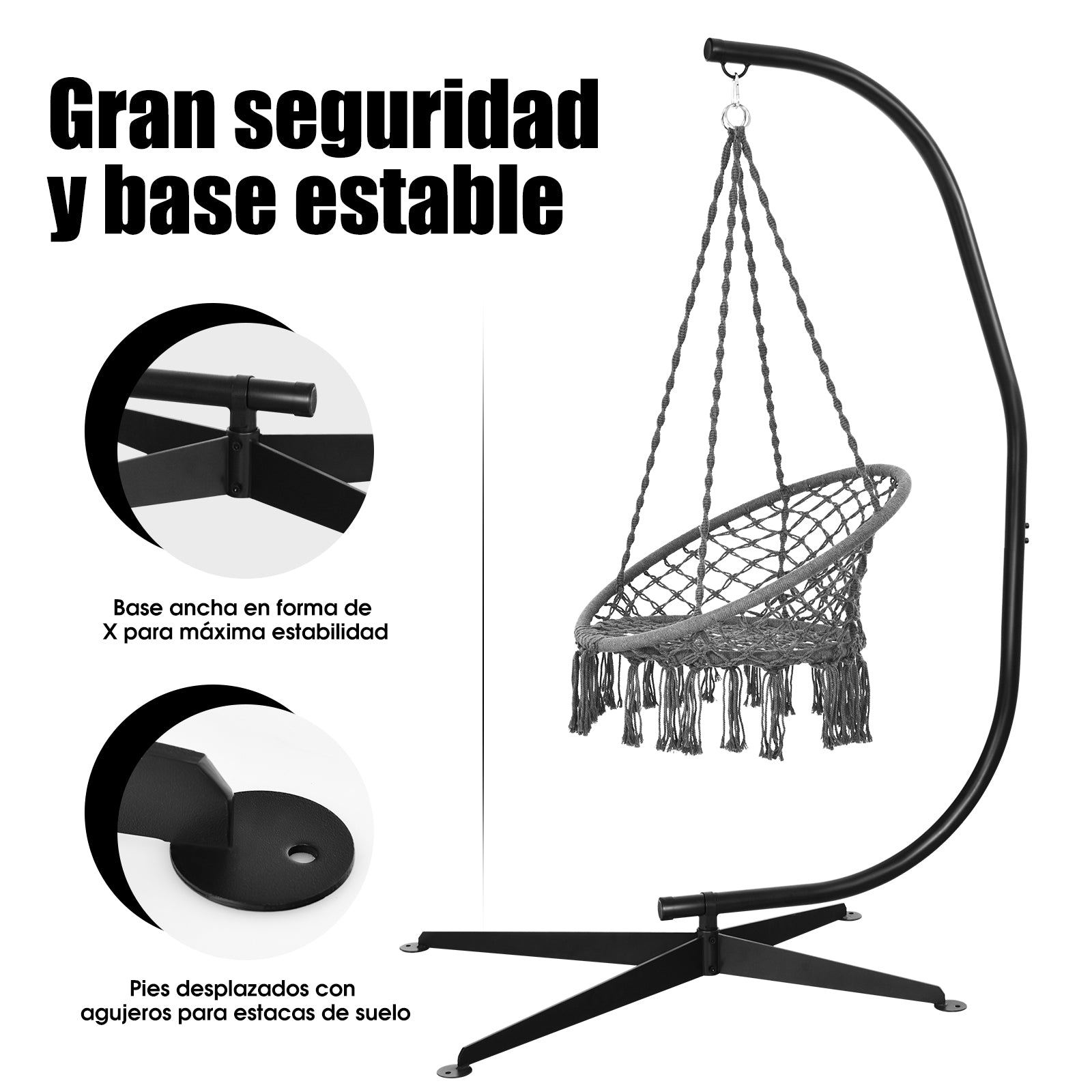 Soporte de Hamaca con Forma de C Sostén Sólido en Material de Alta Calidad Antióxido Negro Hasta 150 kg