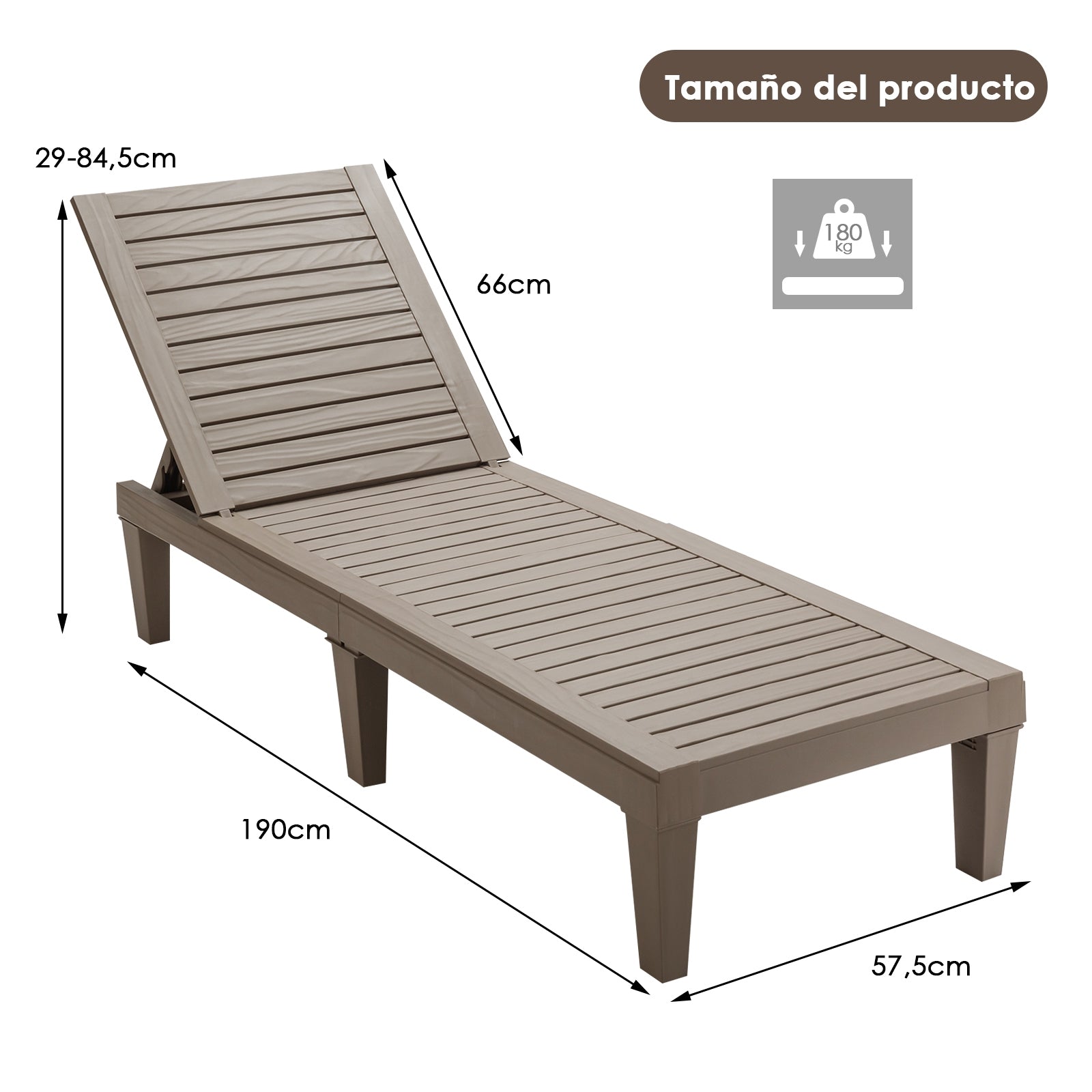 Tumbona para Patio Silla Reclinable de Exterior con Respaldo Regulable en 5 Posiciones para Balcón Playa Piscina Marrón 190 x 57,5 x 29 cm