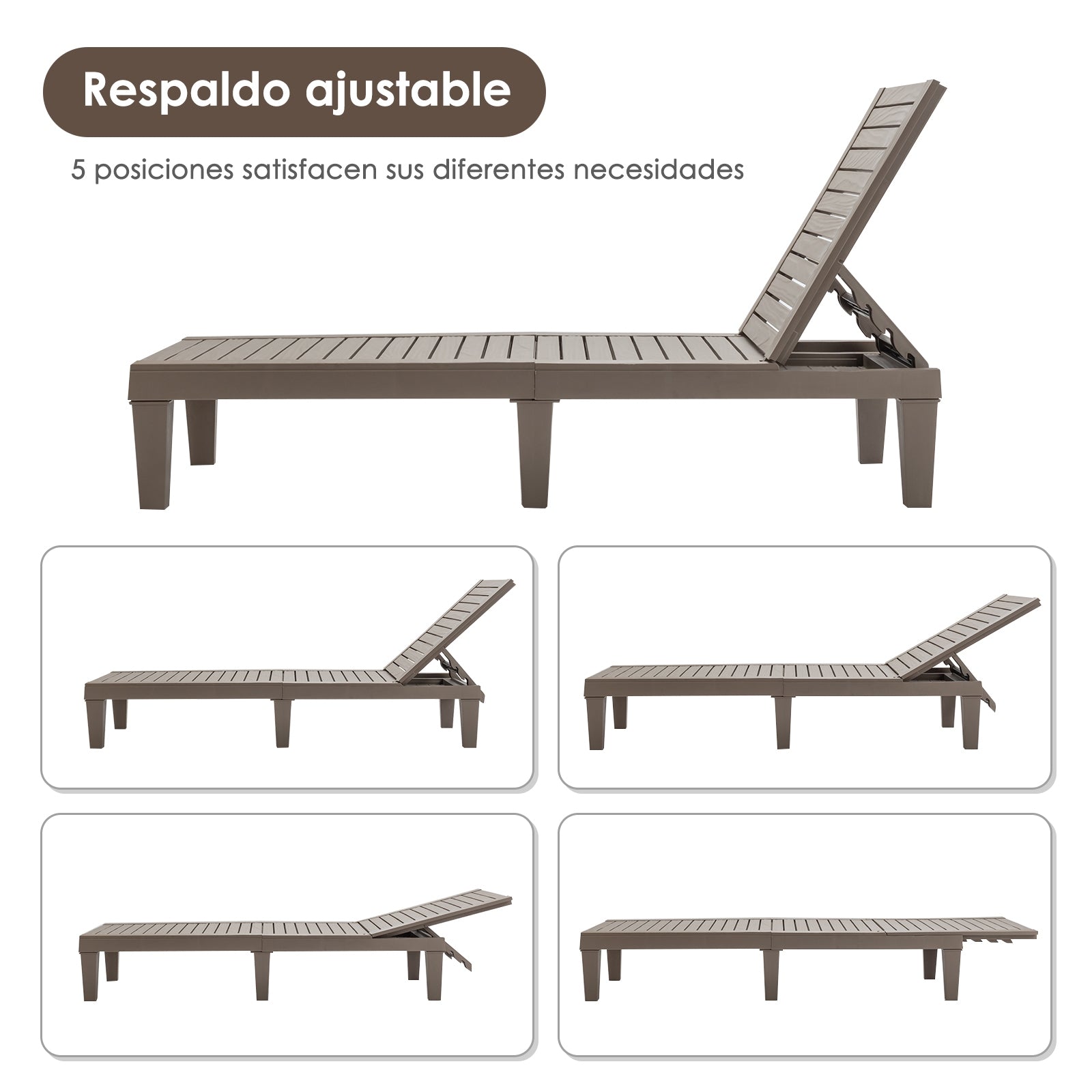 Tumbona para Patio Silla Reclinable de Exterior con Respaldo Regulable en 5 Posiciones para Balcón Playa Piscina Marrón 190 x 57,5 x 29 cm