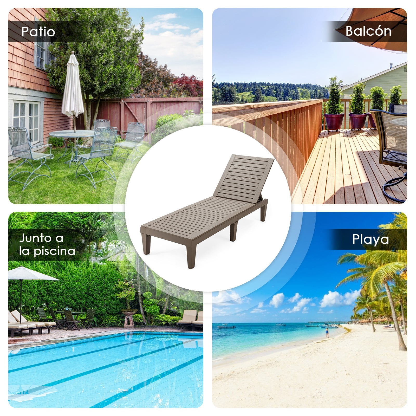 Tumbona para Patio Silla Reclinable de Exterior con Respaldo Regulable en 5 Posiciones para Balcón Playa Piscina Marrón 190 x 57,5 x 29 cm