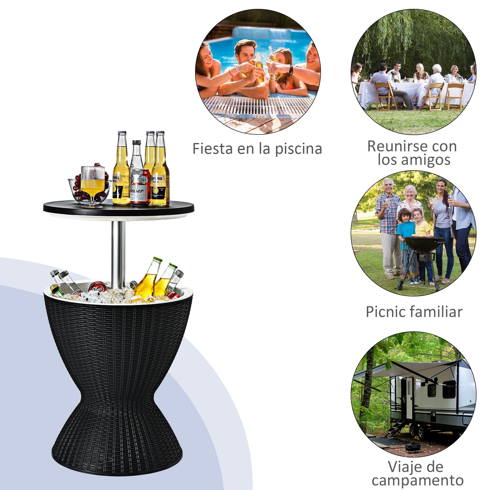 Hielera 30 L para Patio Mesa Baja de Bar con Superficie Elevable Imitación Ratán para Vino Cerveza Fiestas Piscina Negro Φ 48,5 x 57,5 cm