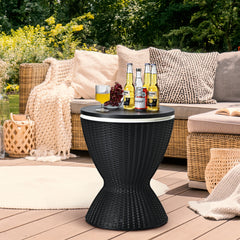 Hielera 30 L para Patio Mesa Baja de Bar con Superficie Elevable Imitación Ratán para Vino Cerveza Fiestas Piscina Negro Φ 48,5 x 57,5 cm