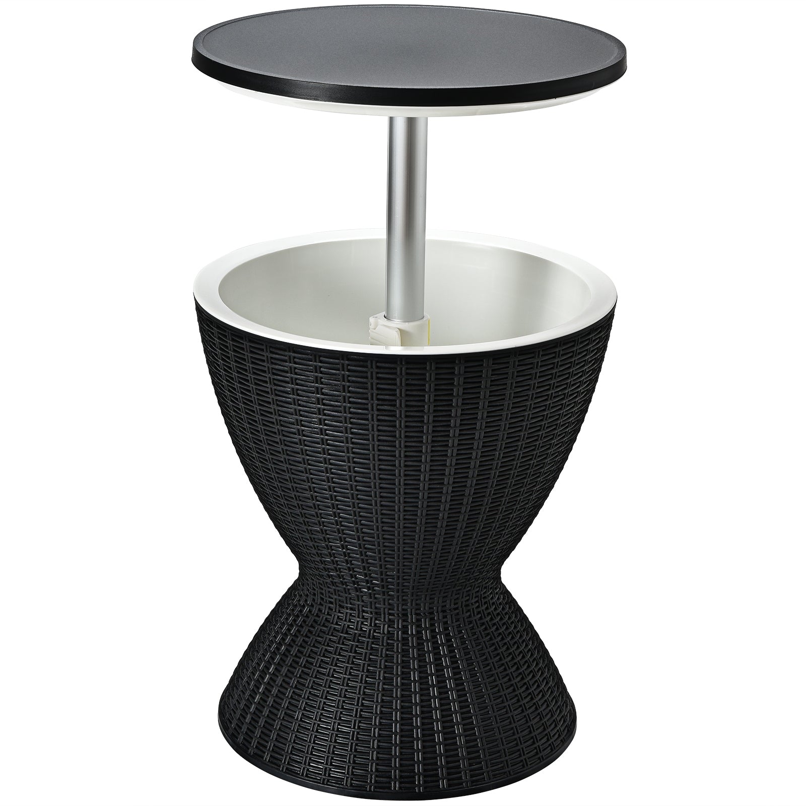 Hielera 30 L para Patio Mesa Baja de Bar con Superficie Elevable Imitación Ratán para Vino Cerveza Fiestas Piscina Negro Φ 48,5 x 57,5 cm