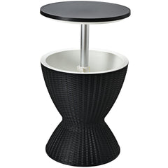 Hielera 30 L para Patio Mesa Baja de Bar con Superficie Elevable Imitación Ratán para Vino Cerveza Fiestas Piscina Negro Φ 48,5 x 57,5 cm