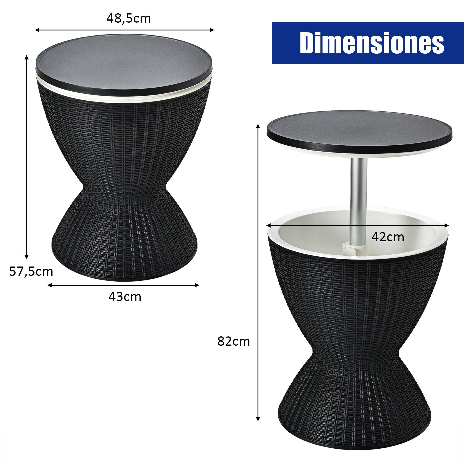 Hielera 30 L para Patio Mesa Baja de Bar con Superficie Elevable Imitación Ratán para Vino Cerveza Fiestas Piscina Negro Φ 48,5 x 57,5 cm