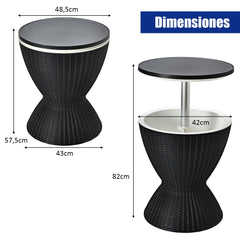 Hielera 30 L para Patio Mesa Baja de Bar con Superficie Elevable Imitación Ratán para Vino Cerveza Fiestas Piscina Negro Φ 48,5 x 57,5 cm