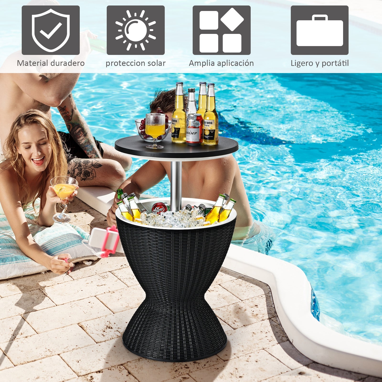 Hielera 30 L para Patio Mesa Baja de Bar con Superficie Elevable Imitación Ratán para Vino Cerveza Fiestas Piscina Negro Φ 48,5 x 57,5 cm