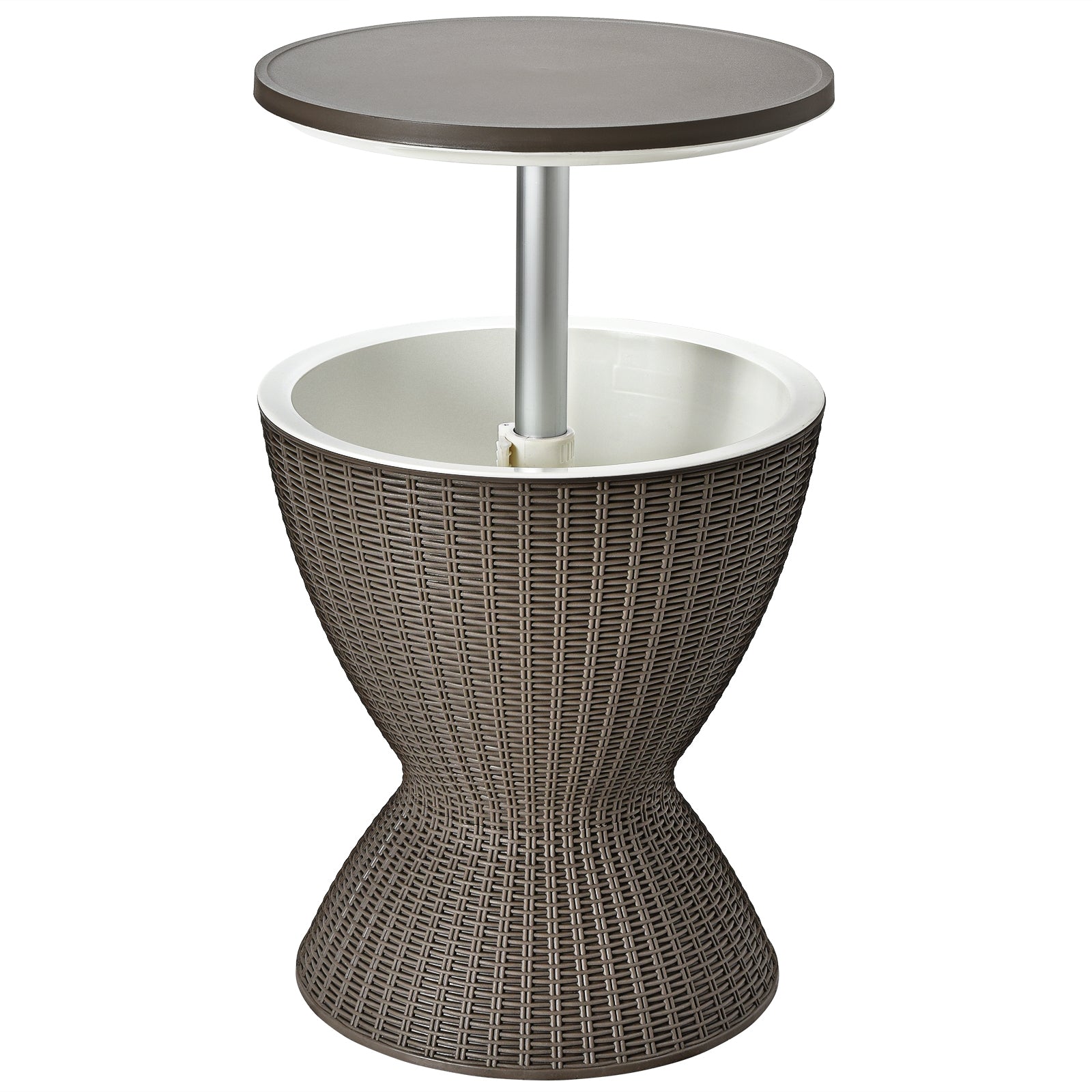 Hielera 30 L para Patio Mesa Baja de Bar con Superficie Elevable Imitación Ratán para Vino Cerveza Fiestas Marrón Claro Φ 48,5 x 57,5 cm