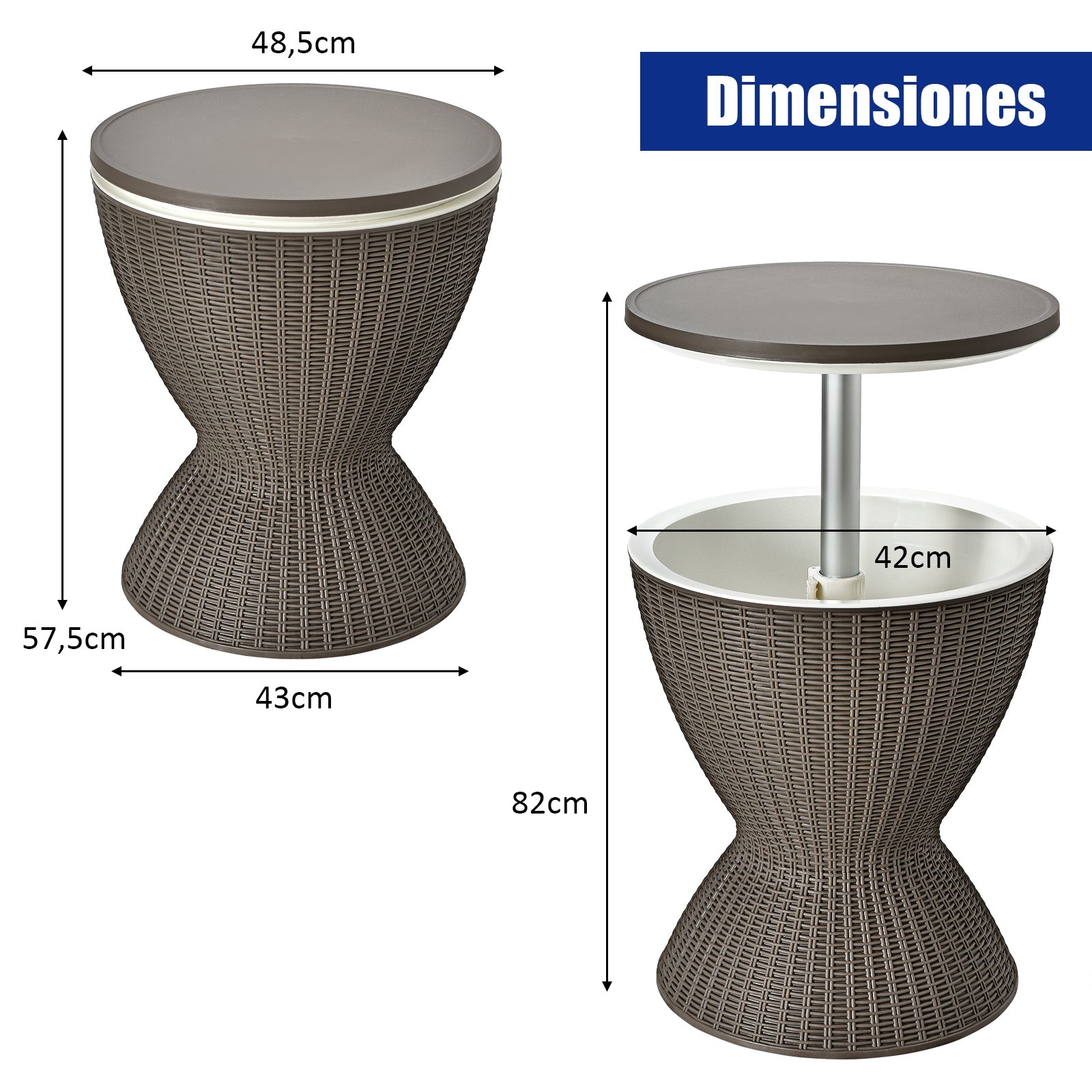 Hielera 30 L para Patio Mesa Baja de Bar con Superficie Elevable Imitación Ratán para Vino Cerveza Fiestas Marrón Claro Φ 48,5 x 57,5 cm