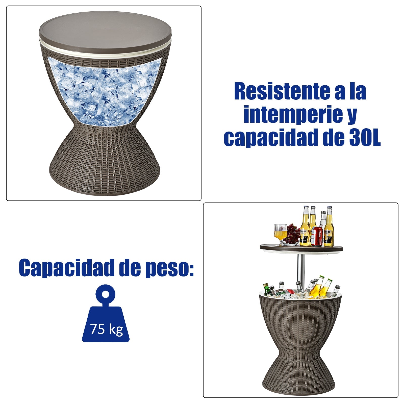 Hielera 30 L para Patio Mesa Baja de Bar con Superficie Elevable Imitación Ratán para Vino Cerveza Fiestas Marrón Claro Φ 48,5 x 57,5 cm
