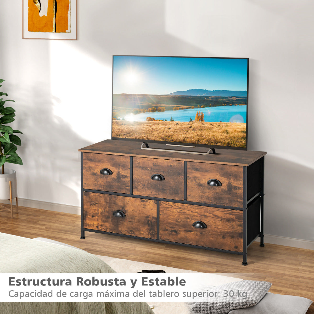 Organizador con 5 Cajones de Tela Extraíbles y Plegables Marco de Acero Aparador para Salón Pasillo Dormitorio 100 x 30 x 54 cm Marrón