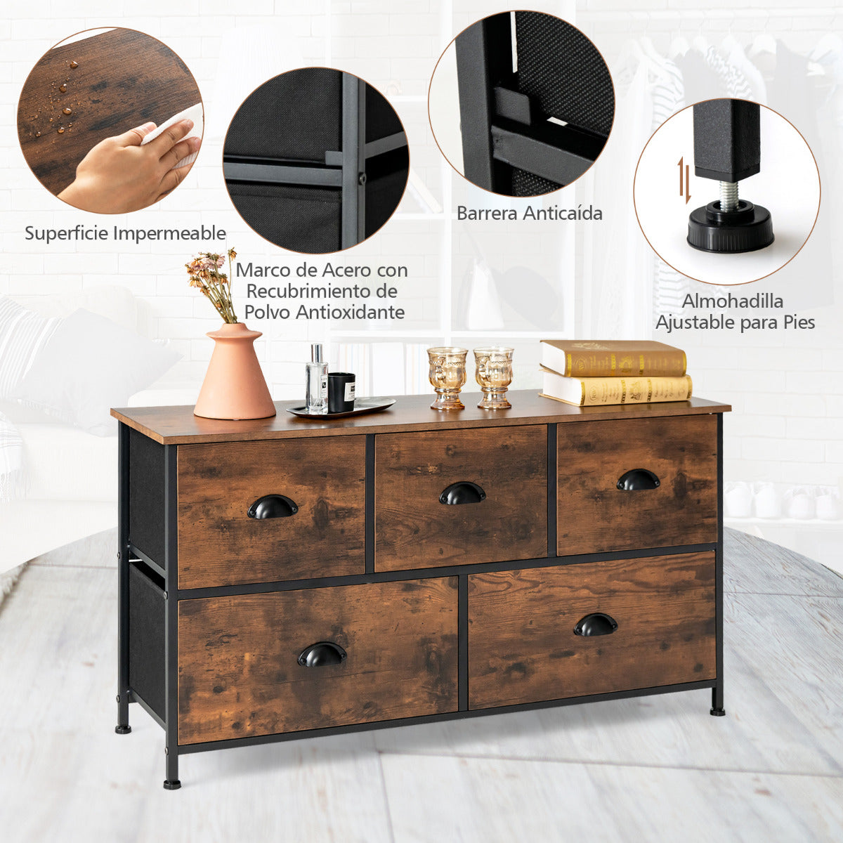 Organizador con 5 Cajones de Tela Extraíbles y Plegables Marco de Acero Aparador para Salón Pasillo Dormitorio 100 x 30 x 54 cm Marrón