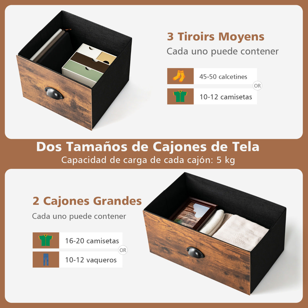 Organizador con 5 Cajones de Tela Extraíbles y Plegables Marco de Acero Aparador para Salón Pasillo Dormitorio 100 x 30 x 54 cm Marrón