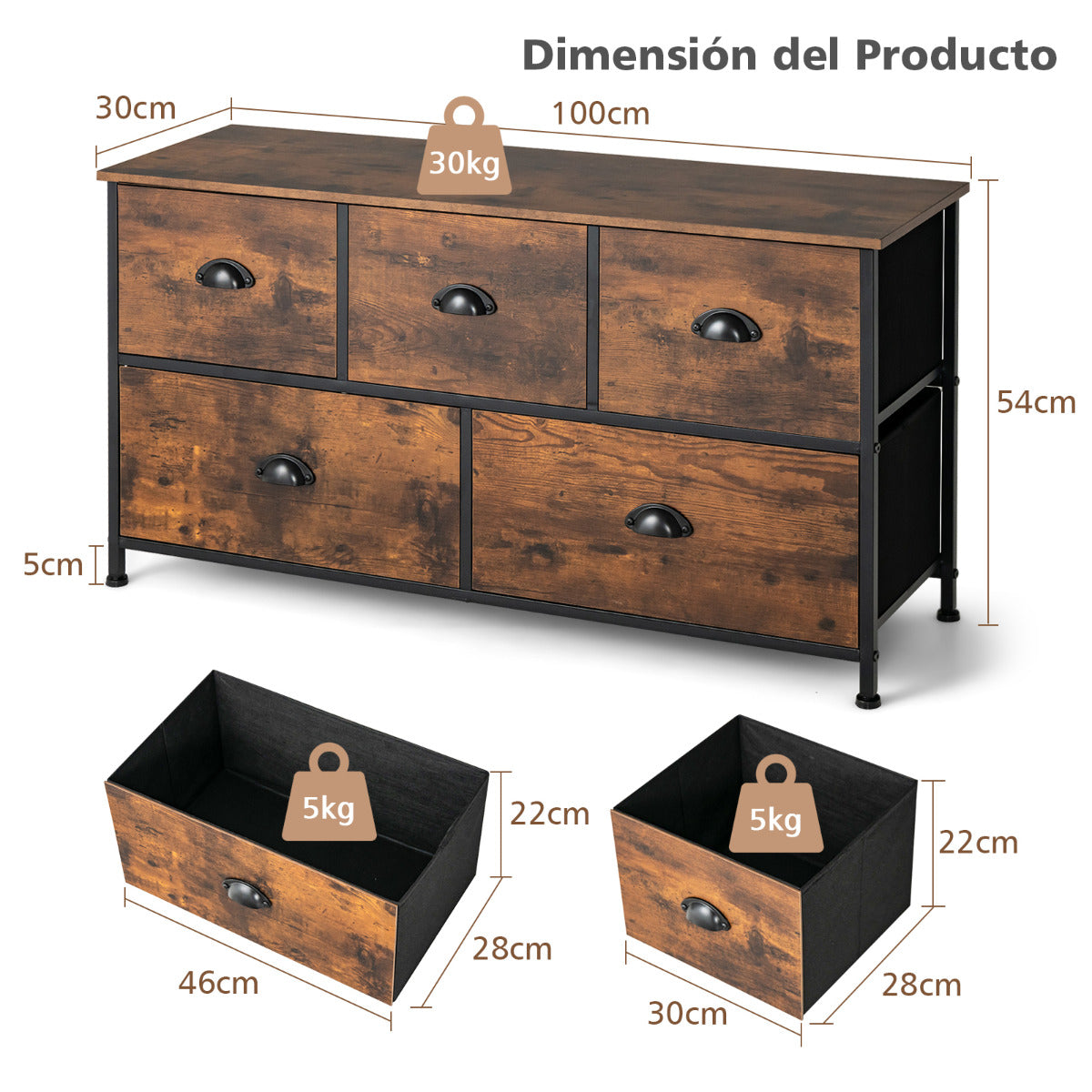 Organizador con 5 Cajones de Tela Extraíbles y Plegables Marco de Acero Aparador para Salón Pasillo Dormitorio 100 x 30 x 54 cm Marrón