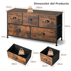 Organizador con 5 Cajones de Tela Extraíbles y Plegables Marco de Acero Aparador para Salón Pasillo Dormitorio 100 x 30 x 54 cm Marrón