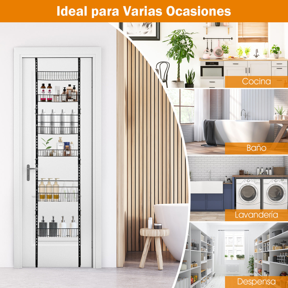 Organizador de Despensa sobre la Puerta Especiero Ajustable de 6 Niveles con Cestas para Cocina Baño 43 x 13 x 208 cm Negro