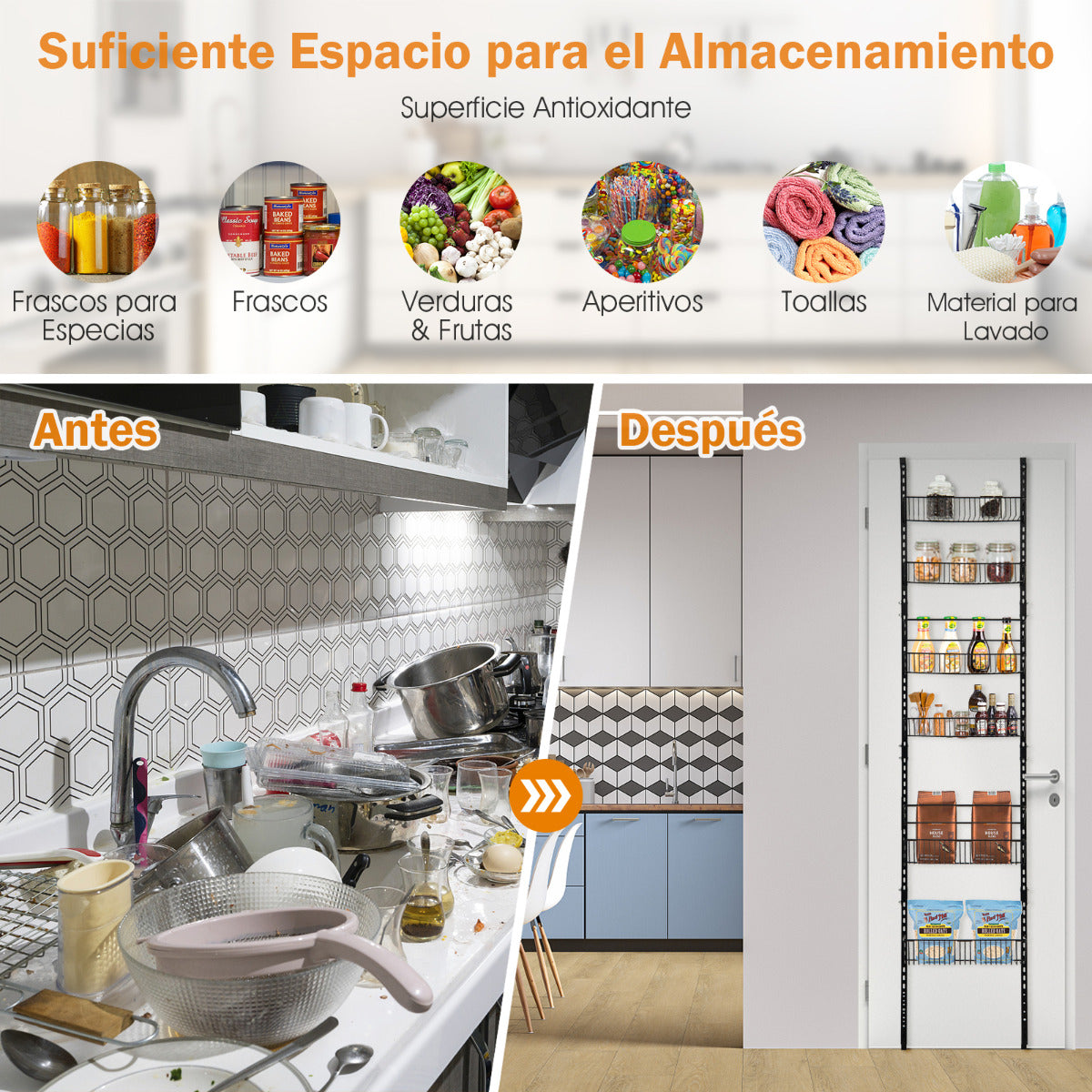 Organizador de Despensa sobre la Puerta Especiero Ajustable de 6 Niveles con Cestas para Cocina Baño 43 x 13 x 208 cm Negro