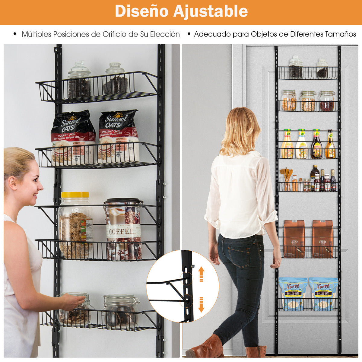Organizador de Despensa sobre la Puerta Especiero Ajustable de 6 Niveles con Cestas para Cocina Baño 43 x 13 x 208 cm Negro
