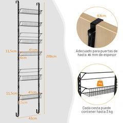 Organizador de Despensa sobre la Puerta Especiero Ajustable de 6 Niveles con Cestas para Cocina Baño 43 x 13 x 208 cm Negro