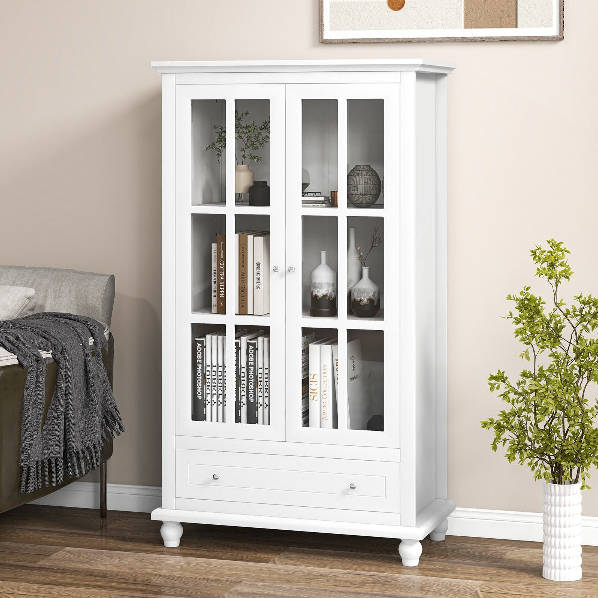 Organizador de Estantería con Puertas de Vidrio Templado y Estante Ajustable para Oficina y Sala de Estar 80 x 40 x 139 cm Blanco