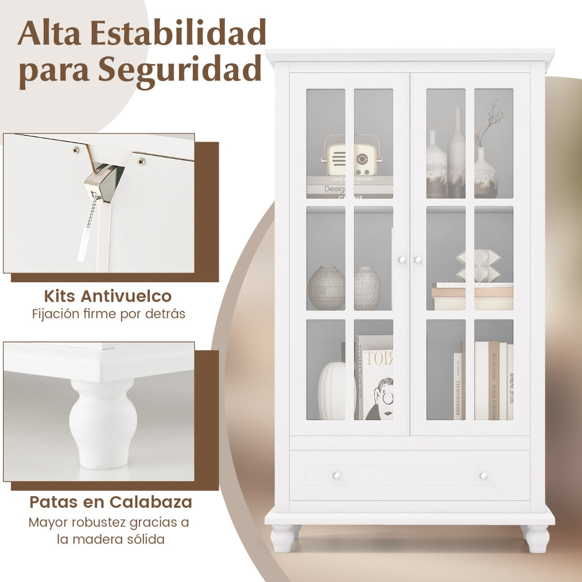 Organizador de Estantería con Puertas de Vidrio Templado y Estante Ajustable para Oficina y Sala de Estar 80 x 40 x 139 cm Blanco
