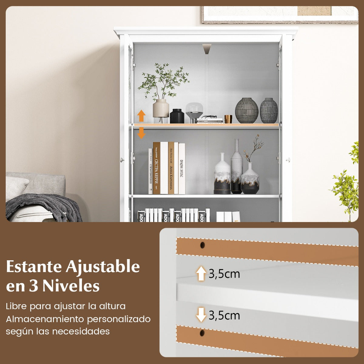 Organizador de Estantería con Puertas de Vidrio Templado y Estante Ajustable para Oficina y Sala de Estar 80 x 40 x 139 cm Blanco