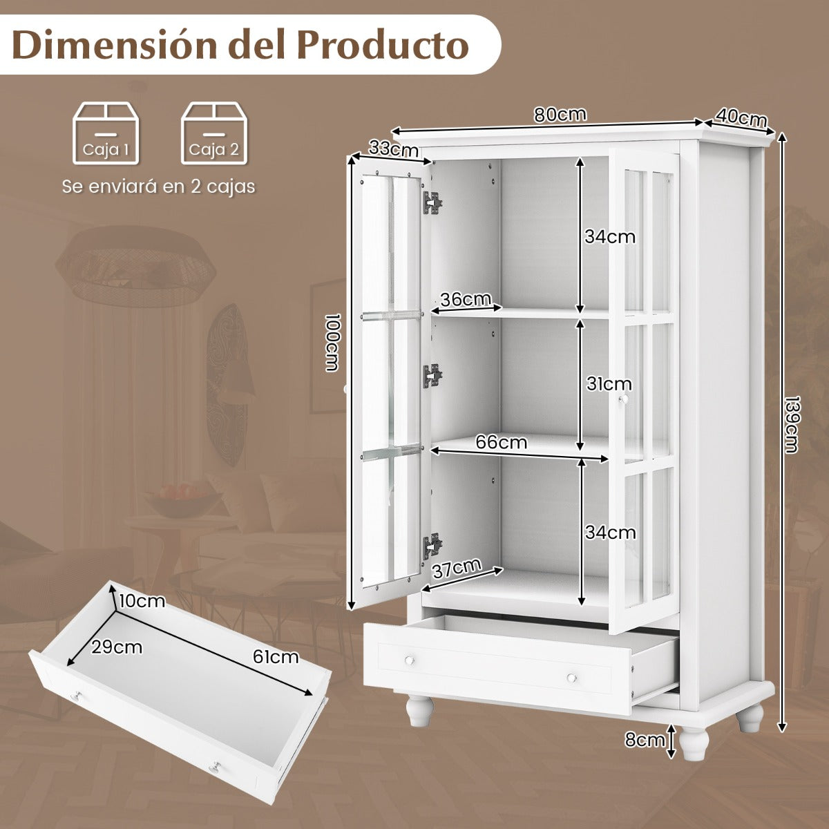 Organizador de Estantería con Puertas de Vidrio Templado y Estante Ajustable para Oficina y Sala de Estar 80 x 40 x 139 cm Blanco