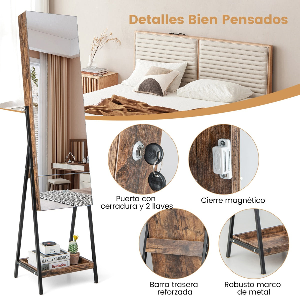 Armario Para Joyería Con Cerradura Espejo sin Marco Luces LED Estante Plegable Cajón y Estante Inferior 41 x 35 x 166 cm-Marrón