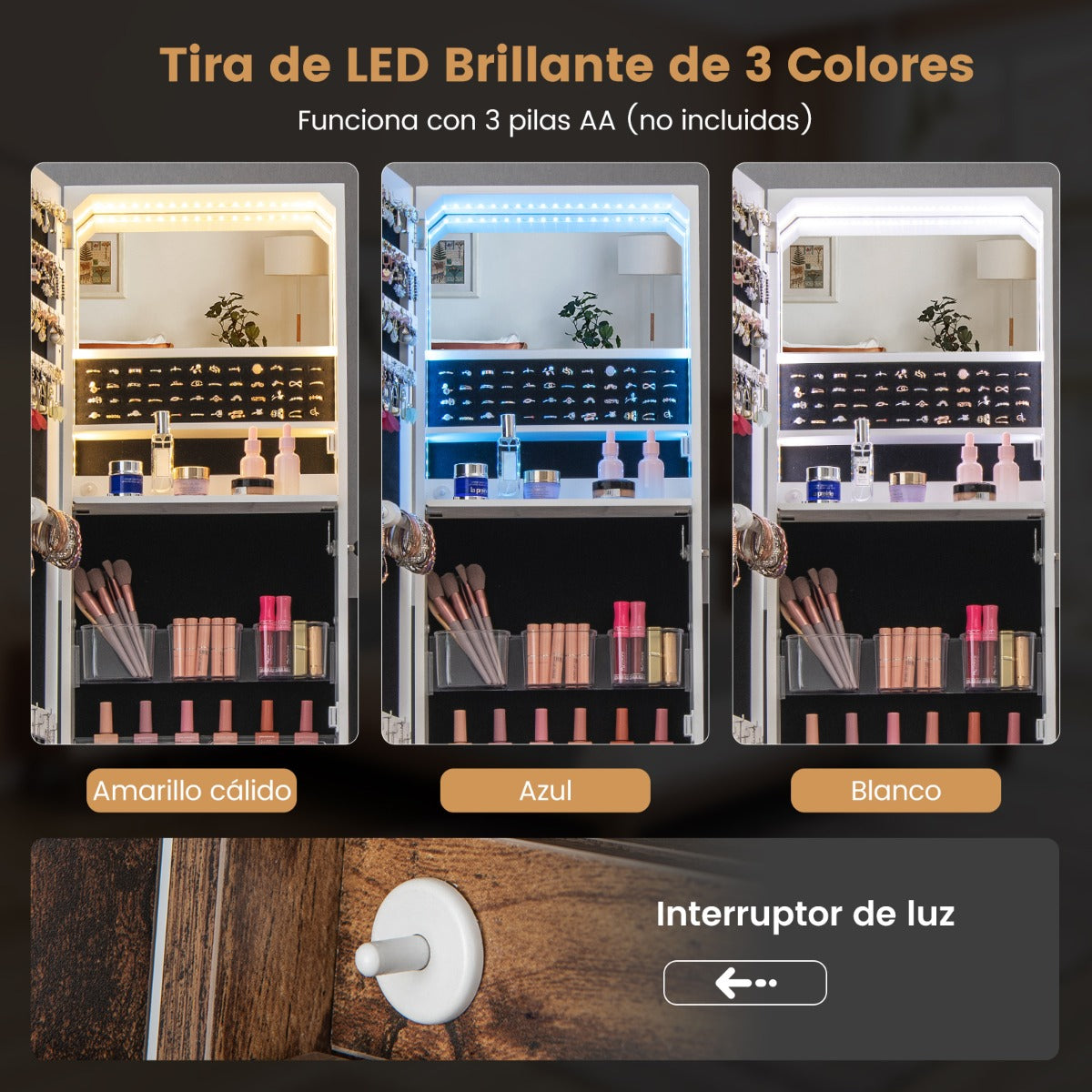Armario Para Joyería Con Cerradura Espejo sin Marco Luces LED Estante Plegable Cajón y Estante Inferior 41 x 35 x 166 cm-Marrón