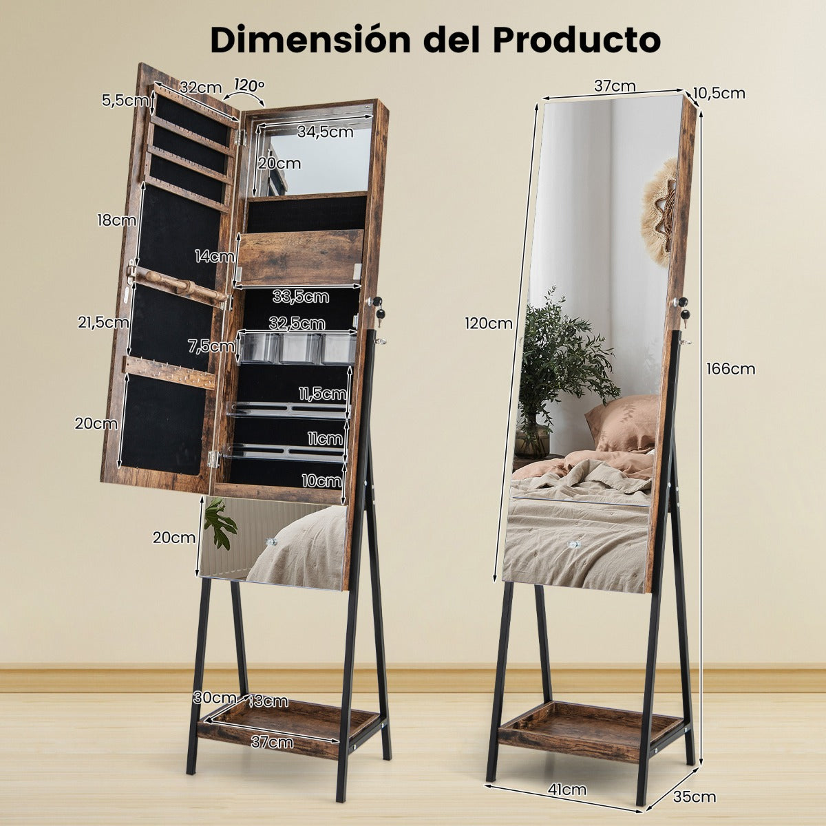 Armario Para Joyería Con Cerradura Espejo sin Marco Luces LED Estante Plegable Cajón y Estante Inferior 41 x 35 x 166 cm-Marrón