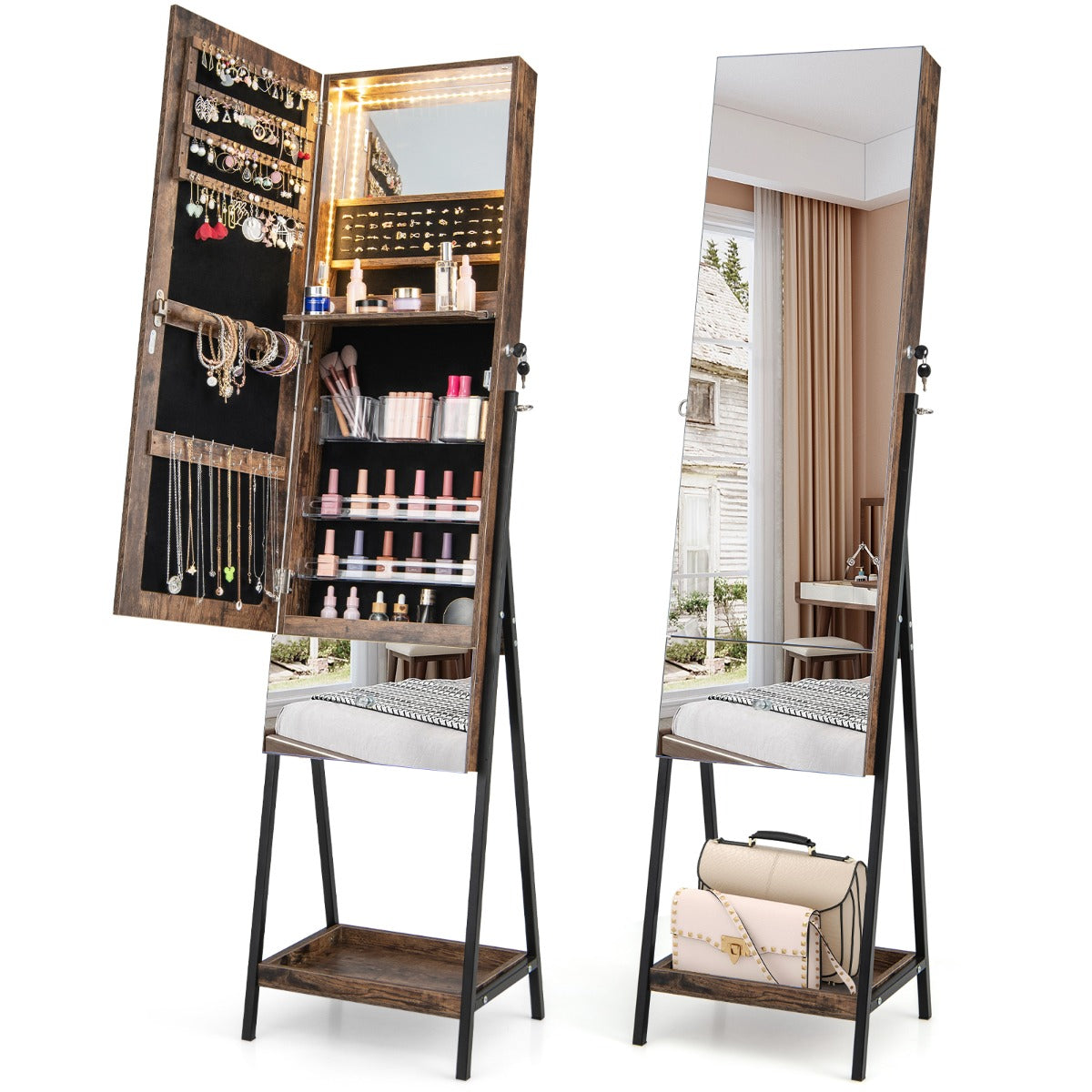 Armario Para Joyería Con Cerradura Espejo sin Marco Luces LED Estante Plegable Cajón y Estante Inferior 41 x 35 x 166 cm-Marrón