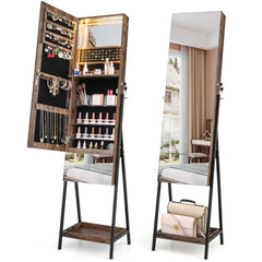 Armario Para Joyería Con Cerradura Espejo sin Marco Luces LED Estante Plegable Cajón y Estante Inferior 41 x 35 x 166 cm-Marrón