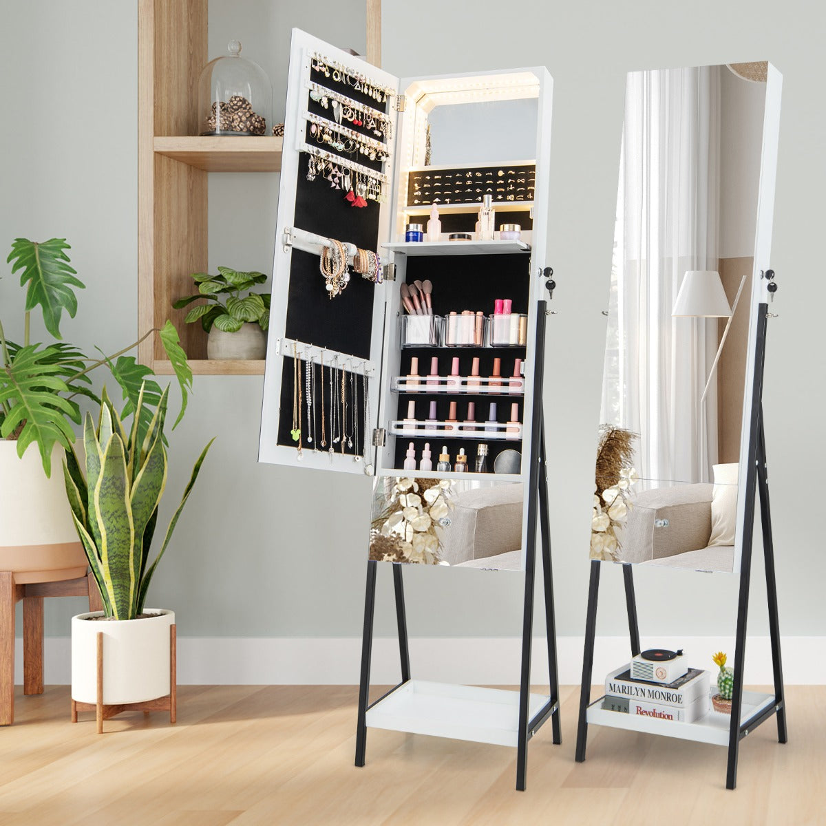 Armario Para Joyería Con Cerradura Espejo sin Marco Luces LED Estante Plegable Cajón y Estante Inferior 41 x 35 x 166 cm-Blanco