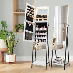 Armario Para Joyería Con Cerradura Espejo sin Marco Luces LED Estante Plegable Cajón y Estante Inferior 41 x 35 x 166 cm-Blanco
