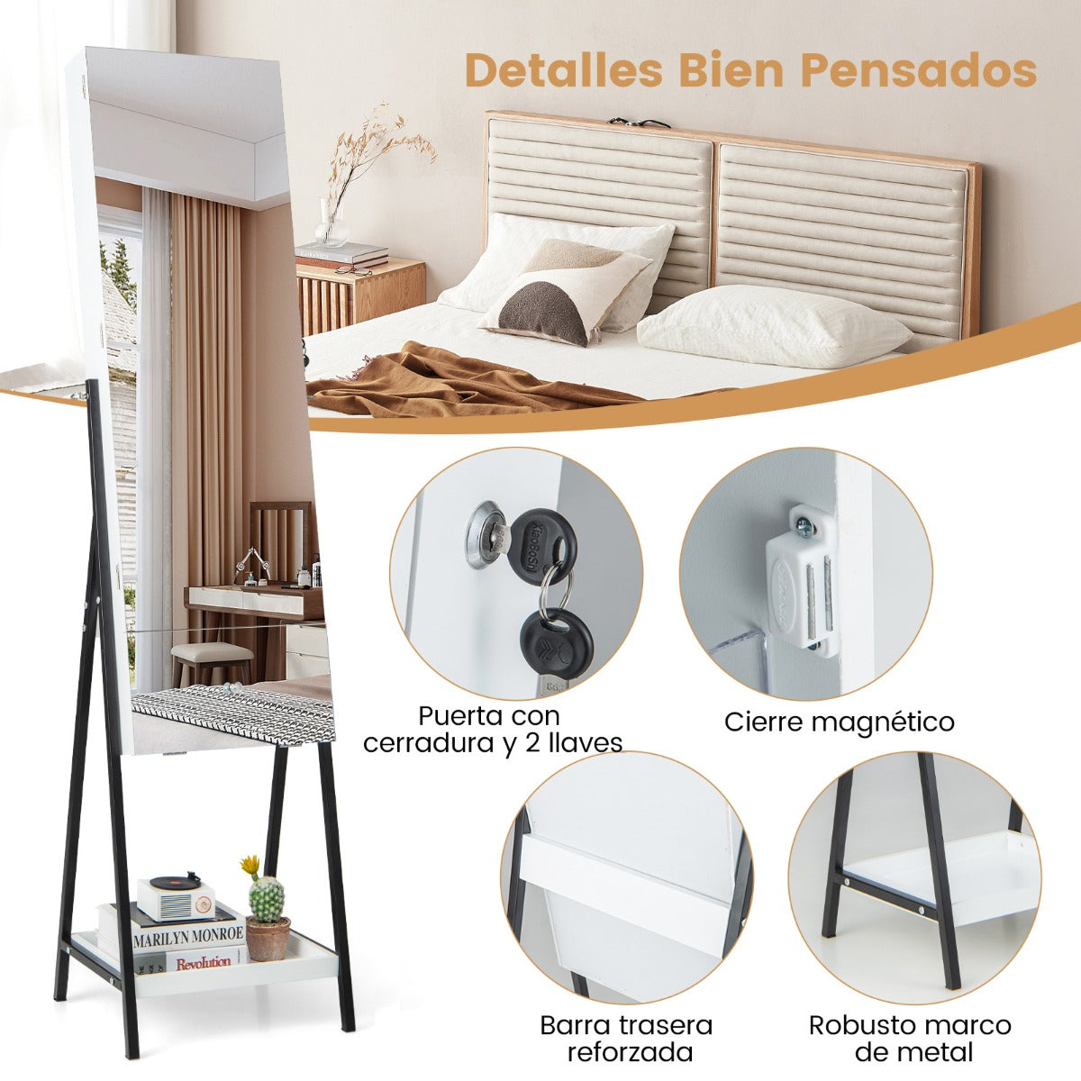 Armario Para Joyería Con Cerradura Espejo sin Marco Luces LED Estante Plegable Cajón y Estante Inferior 41 x 35 x 166 cm-Blanco