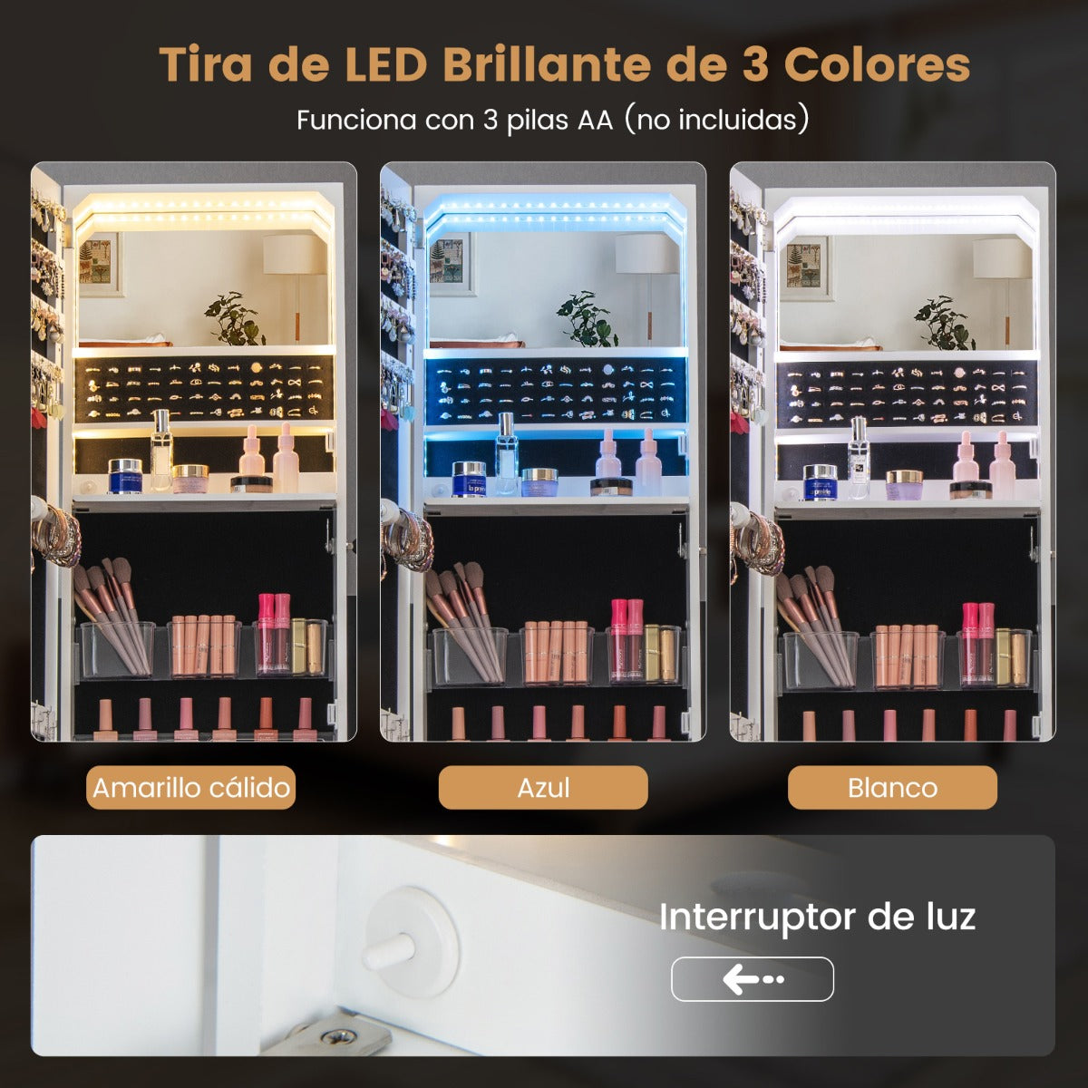 Armario Para Joyería Con Cerradura Espejo sin Marco Luces LED Estante Plegable Cajón y Estante Inferior 41 x 35 x 166 cm-Blanco