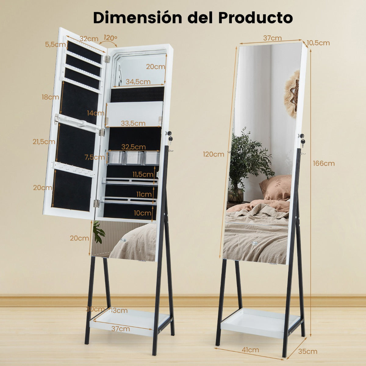 Armario Para Joyería Con Cerradura Espejo sin Marco Luces LED Estante Plegable Cajón y Estante Inferior 41 x 35 x 166 cm-Blanco