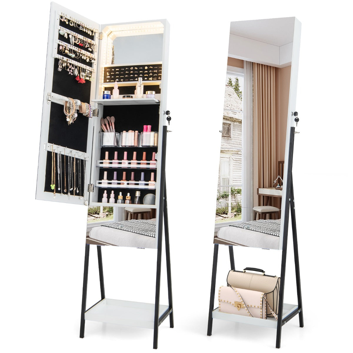 Armario Para Joyería Con Cerradura Espejo sin Marco Luces LED Estante Plegable Cajón y Estante Inferior 41 x 35 x 166 cm-Blanco