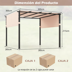 Pérgola con Parte Superior Plana 305 x 305 cm Toldo Retráctil Gazebo con Parrilla Cubierta de Sombrilla para Exterior Piscina Porche Beige