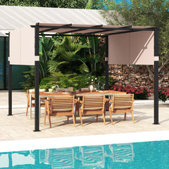 Pérgola con Parte Superior Plana 305 x 305 cm Toldo Retráctil Gazebo con Parrilla Cubierta de Sombrilla para Exterior Piscina Porche Beige