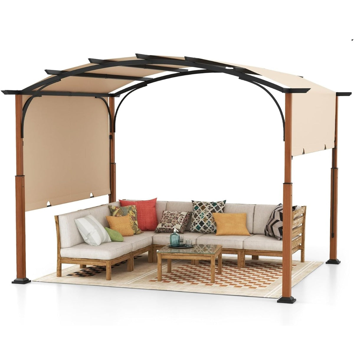 Pérgola Retráctil de Metal Arqueada con Dosel Retráctil Aspecto de Madera Enrejado de Uva para Exteriores Terraza 360 x 300 cm Beige