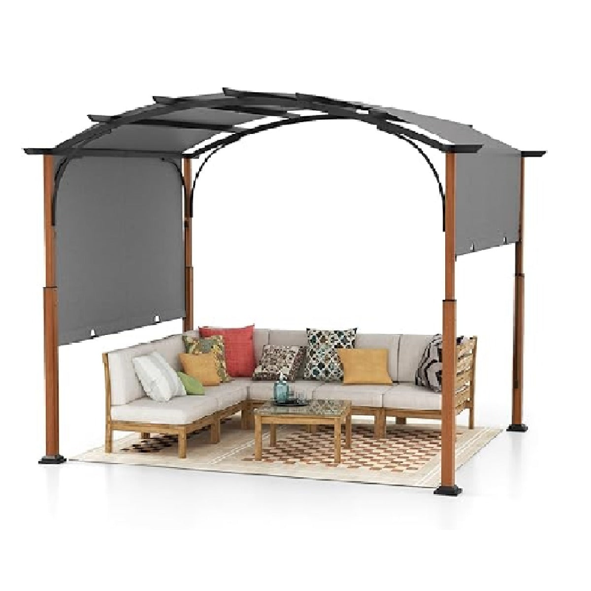 Pérgola Retráctil de Metal Arqueada con Dosel Retráctil Aspecto de Madera Enrejado de Uva para Exteriores Terraza 360 x 300 cm Gris